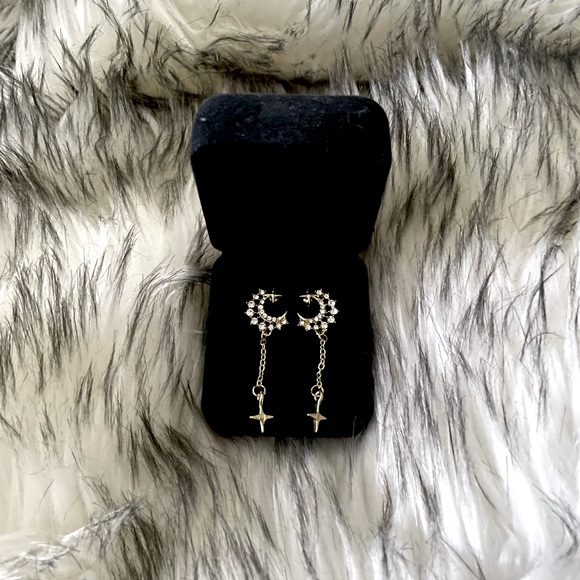 Gold Celestial Crystal Moon Chain Dangle Earrings - Picture 2 of 6